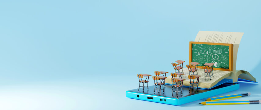 background image of an arrangement of chairs atop a mobile device, with a blackboard positioned in front of the chairs and a book beneath them